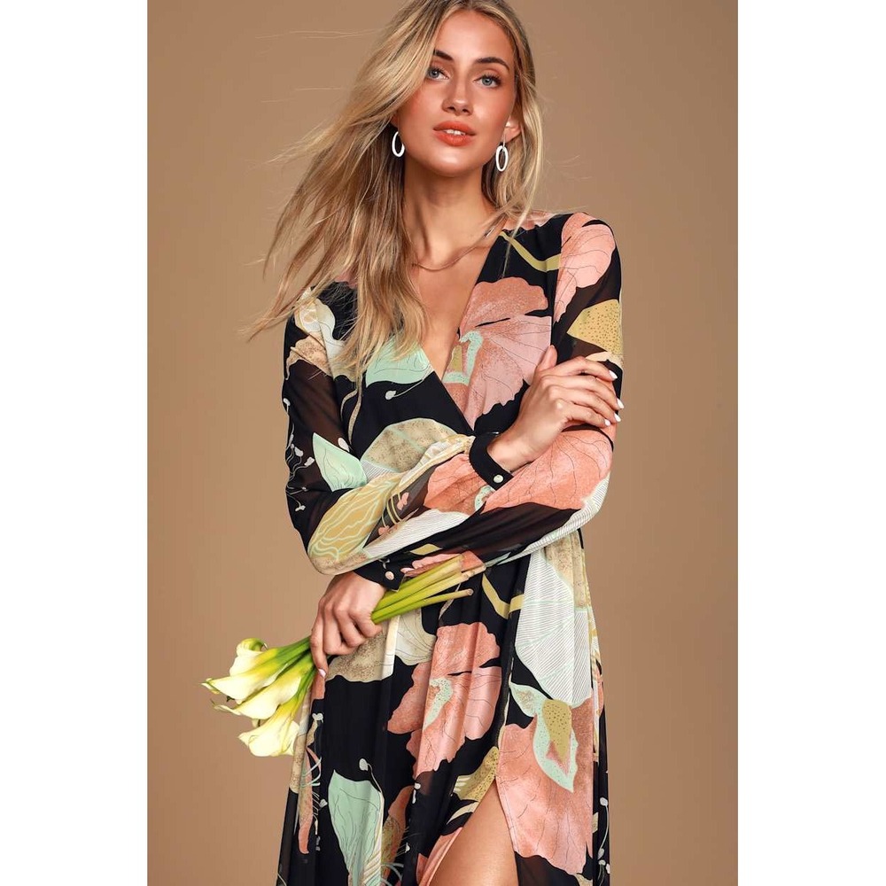 Lulus‎ Wondrous Water Lilies Black Floral Long Sleeve Midi/Maxi Dress XL NWT - Picture 3 of 11